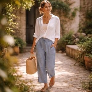 Soft Surroundings Linen Pants Large Coastal Grandmother Resort Wide Leg Relaxed